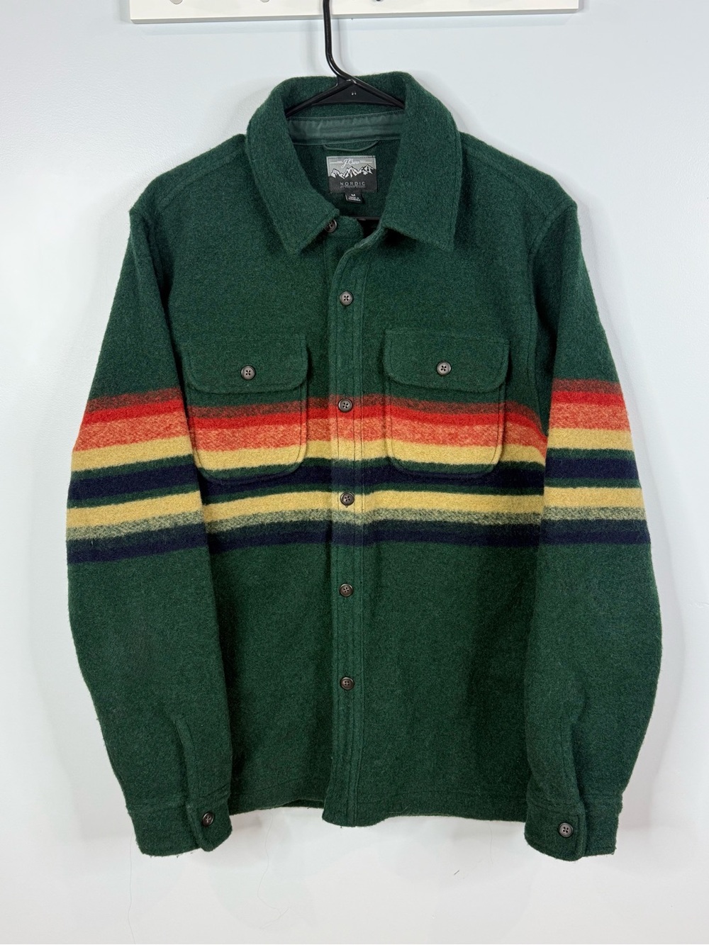 J.Crew Nordic Wool-Blend Blanket-Stripe Shirt Jacket Green Men’s Medium